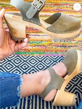 MIA Olive Green Suede Wooden Clog Sandals Size 8